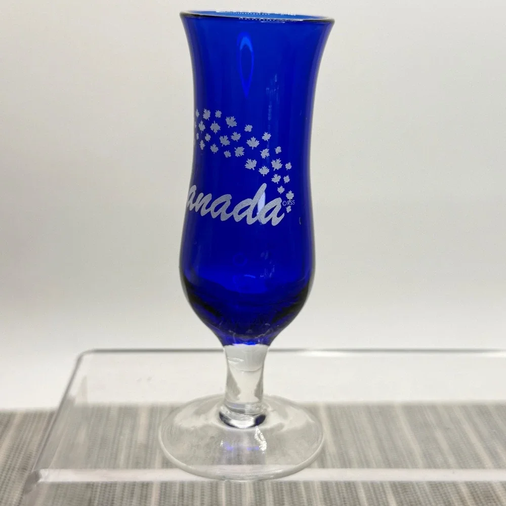 Cobalt Blue Canada Souvenir Shot Glass Etched Maple Leaf Footed Hurricane 4in